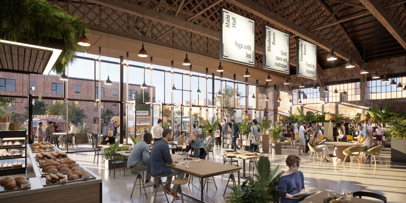 Artist's impression of an interior visual of the community cafe/bakery space of the Hangar 16u at Filton, Bristol