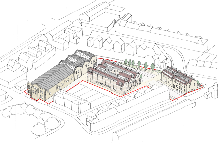 Sketch Axonometric of Scala Mixed-use Development in Oldfield Park, Bath, England