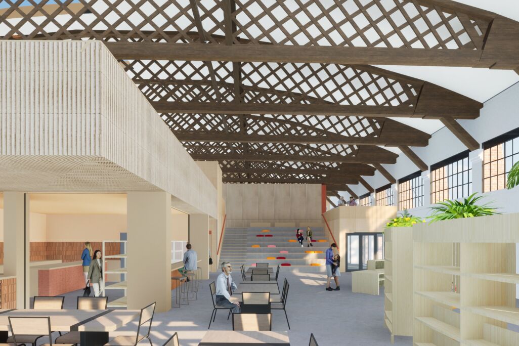 CGI of the Cafe and Mezzanine floor under the retained Belfast trusses of the Hangar 16u at Filton, Bristol