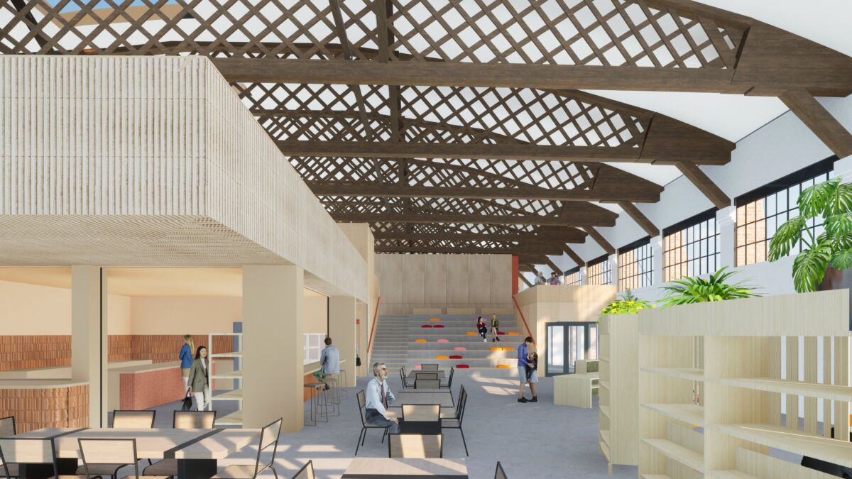 CGI of the Cafe and Mezzanine floor under the retained Belfast trusses of the Hangar 16u at Filton, Bristol