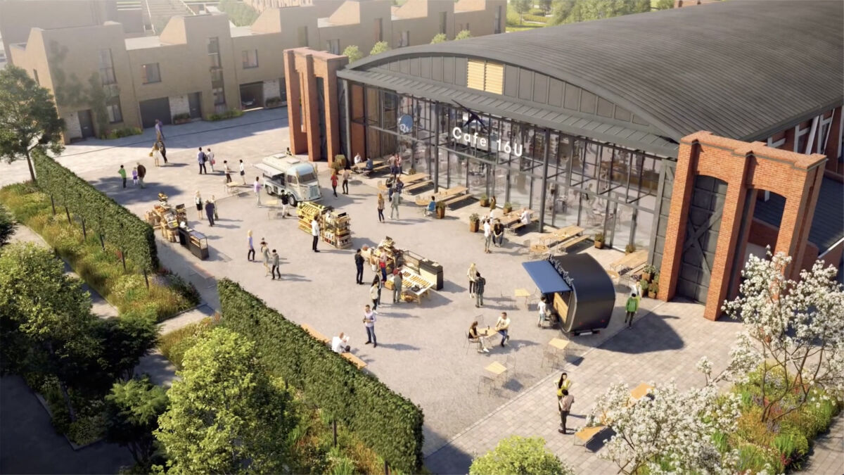 Artist's impression of an aerial visual of the Hangar 16u project showing the public square between the cafe and Brabazon Park