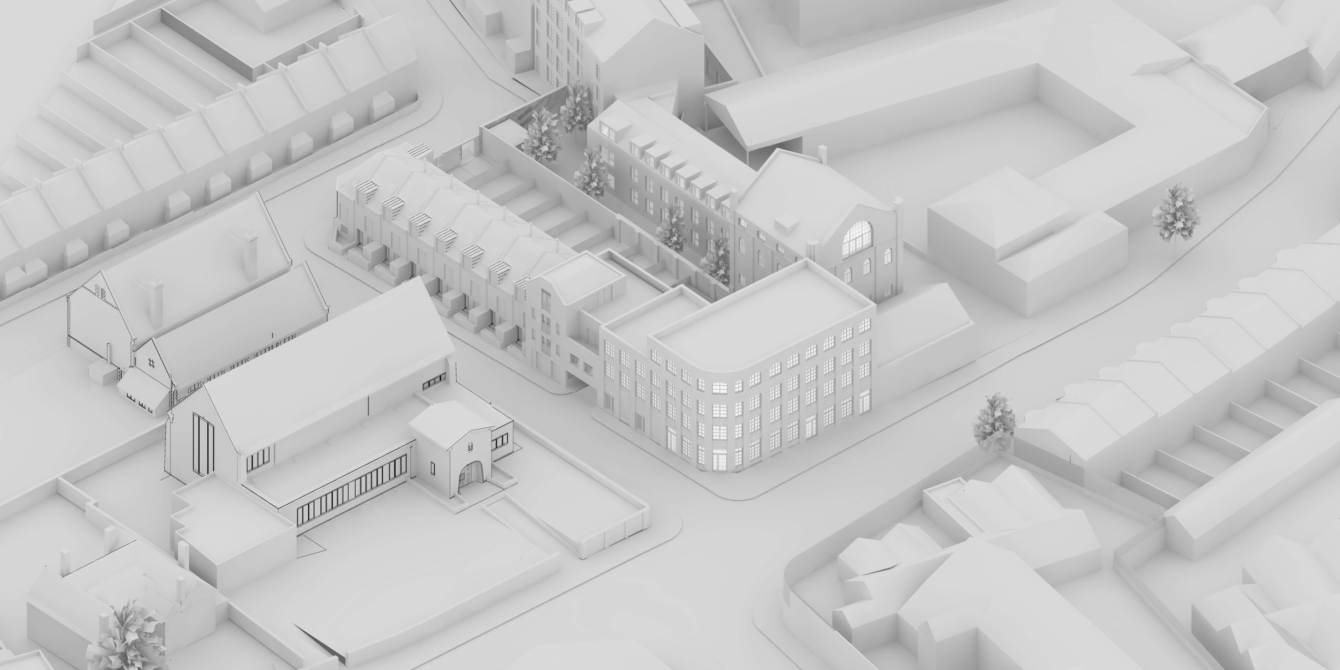 A 3D architectural rendering of a proposed development at the Bristol Brewery site, showcasing an aerial view of refurbished and new residential buildings, including terraced housing, apartment blocks, landscaped courtyards, and surrounding urban context with existing roads and neighbouring structures