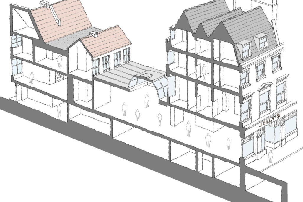 Sectional axonometric sketch of Jolly's Department Store showing different roof types