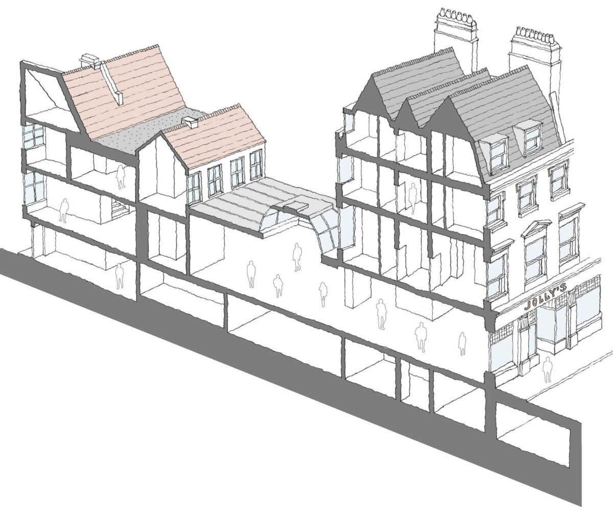 Sectional axonometric sketch of Jolly's Department Store showing different roof types