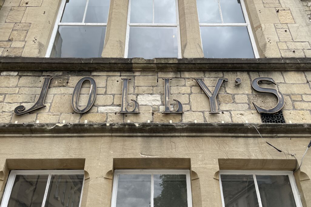 Jolly's Department Store sign on John Street in Bath, England