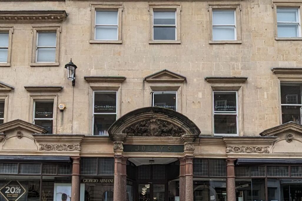 One of the entrances of Jolly's Department Store on Milsom Street in Bath, England
