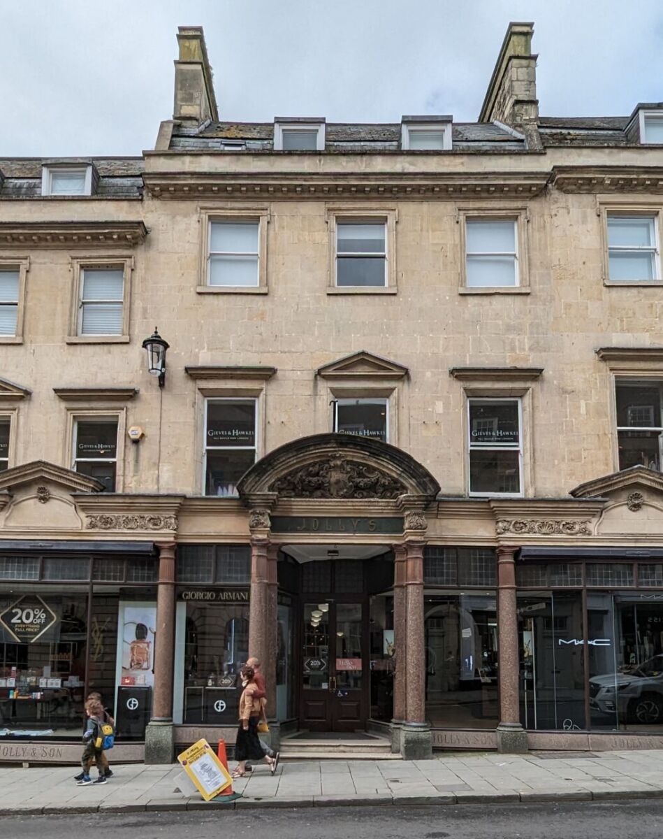 One of the entrances of Jolly's Department Store on Milsom Street in Bath, England