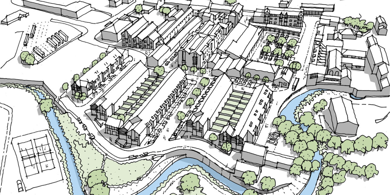 Regeneration. An aerial artistic image of the St Michael's Bridport Trading Estate in Bridport, Dorset.